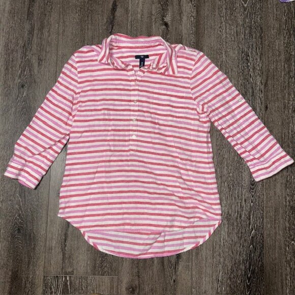 Gap Womens Pink Red Collar Striped Shirt Size Medium M 3/4 button up Long Sleeve - Picture 1 of 5